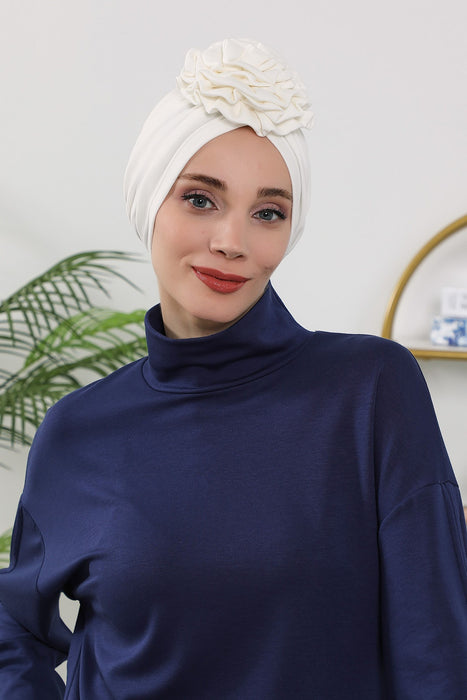 Floral Design Instant Turban Hijab for All Seasons, Ready to Wear Headscarf with Rose Accent, Soft Stretchy Fabric, Comfortable One Size Head Cover for Women,B-21O
