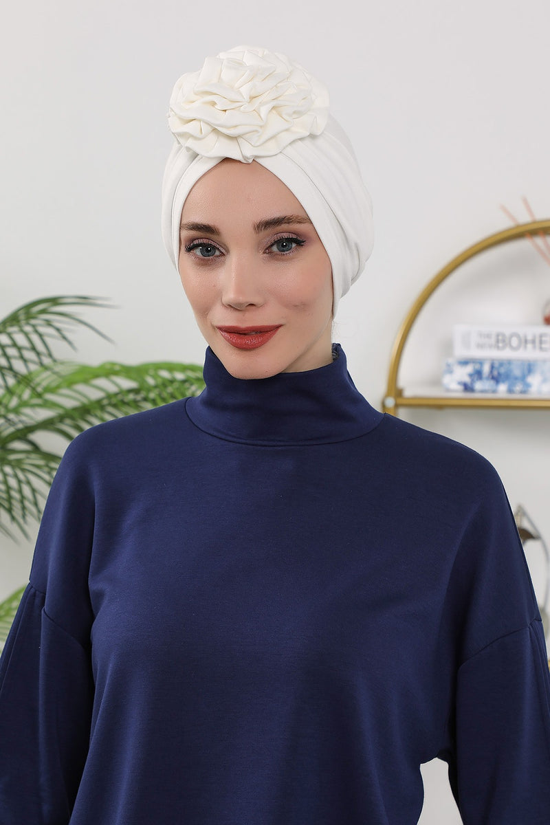 Floral Design Instant Turban Hijab for All Seasons, Ready to Wear Headscarf with Rose Accent, Soft Stretchy Fabric, Comfortable One Size Head Cover for Women,B-21O