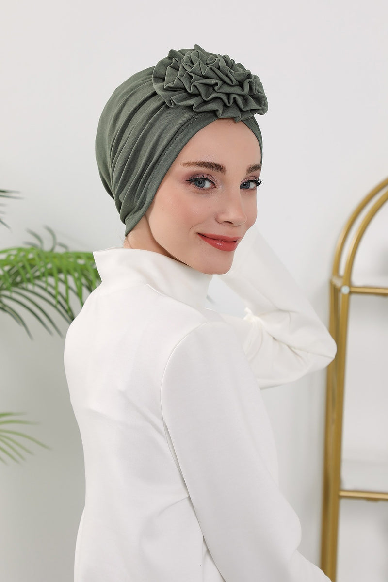 Floral Design Instant Turban Hijab for All Seasons, Ready to Wear Headscarf with Rose Accent, Soft Stretchy Fabric, Comfortable One Size Head Cover for Women,B-21O
