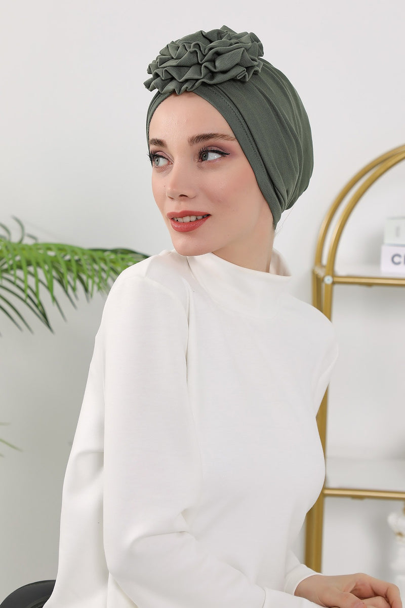 Floral Design Instant Turban Hijab for All Seasons, Ready to Wear Headscarf with Rose Accent, Soft Stretchy Fabric, Comfortable One Size Head Cover for Women,B-21O