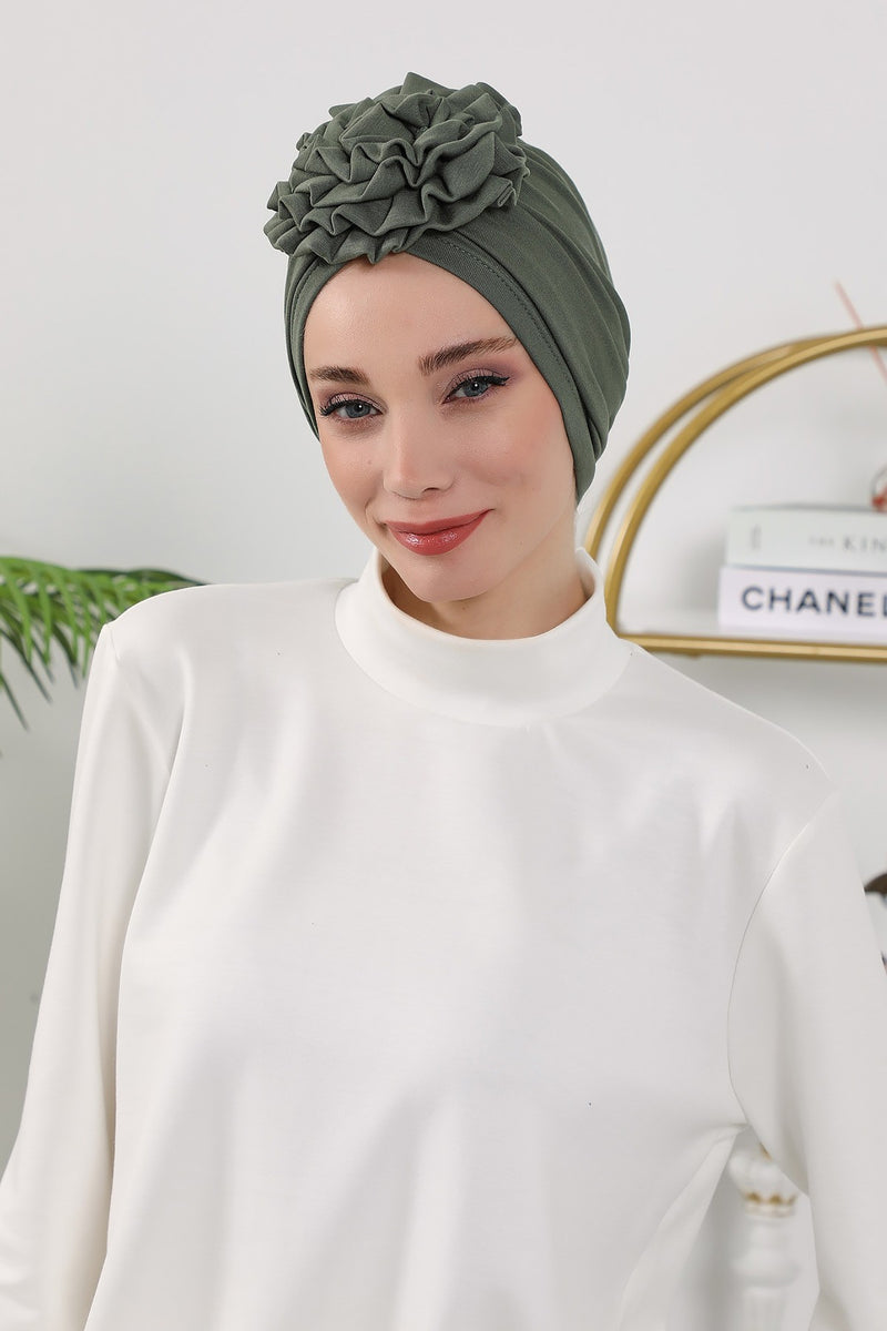 Floral Design Instant Turban Hijab for All Seasons, Ready to Wear Headscarf with Rose Accent, Soft Stretchy Fabric, Comfortable One Size Head Cover for Women,B-21O