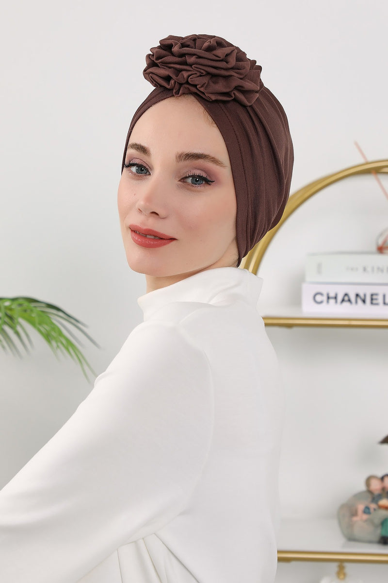 Floral Design Instant Turban Hijab for All Seasons, Ready to Wear Headscarf with Rose Accent, Soft Stretchy Fabric, Comfortable One Size Head Cover for Women,B-21O