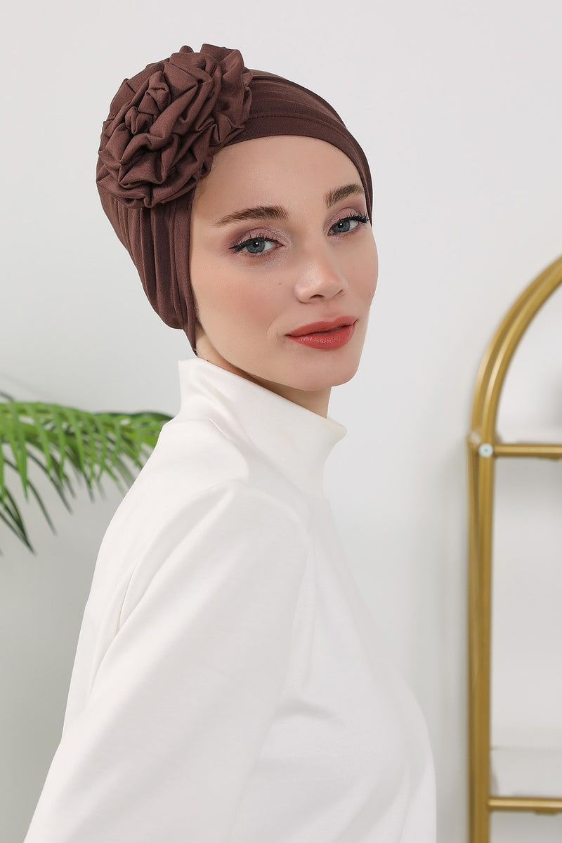 Floral Design Instant Turban Hijab for All Seasons, Ready to Wear Headscarf with Rose Accent, Soft Stretchy Fabric, Comfortable One Size Head Cover for Women,B-21O