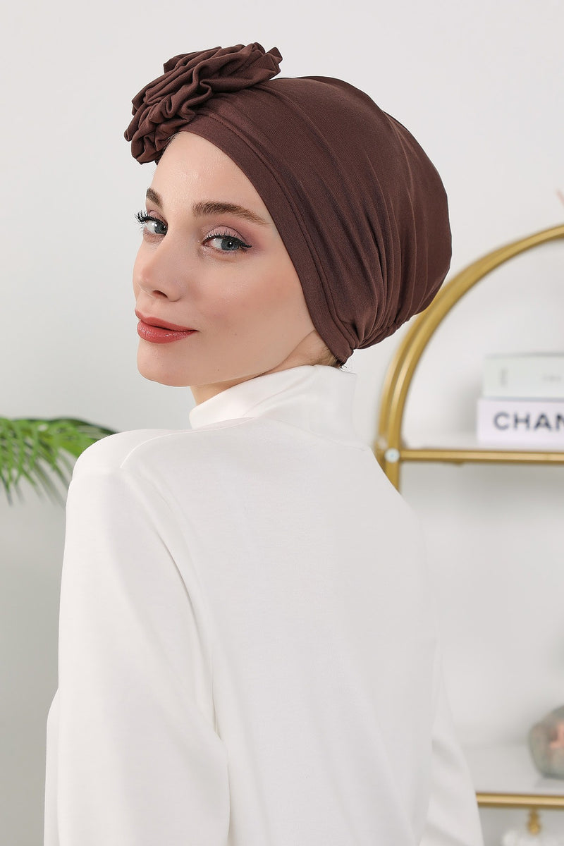 Floral Design Instant Turban Hijab for All Seasons, Ready to Wear Headscarf with Rose Accent, Soft Stretchy Fabric, Comfortable One Size Head Cover for Women,B-21O