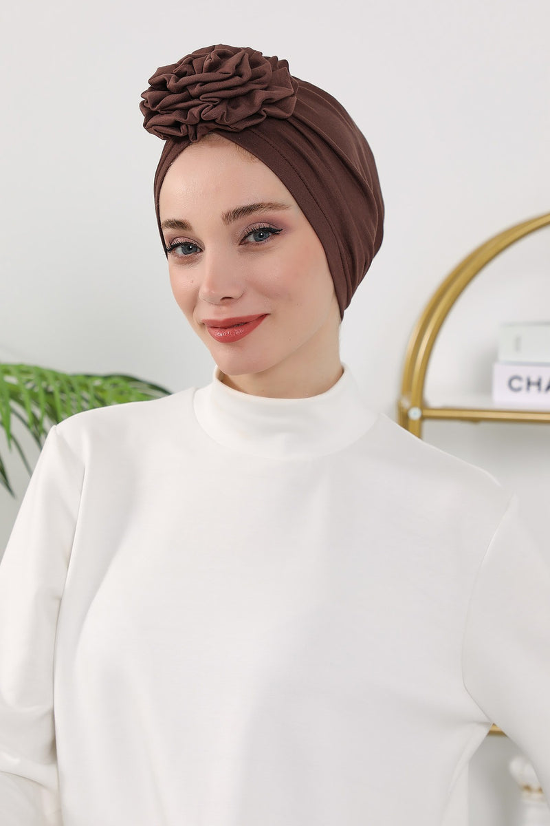 Floral Design Instant Turban Hijab for All Seasons, Ready to Wear Headscarf with Rose Accent, Soft Stretchy Fabric, Comfortable One Size Head Cover for Women,B-21O