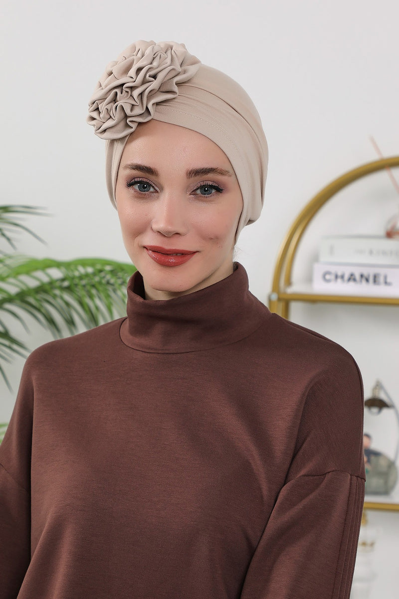 Floral Design Instant Turban Hijab for All Seasons, Ready to Wear Headscarf with Rose Accent, Soft Stretchy Fabric, Comfortable One Size Head Cover for Women,B-21O