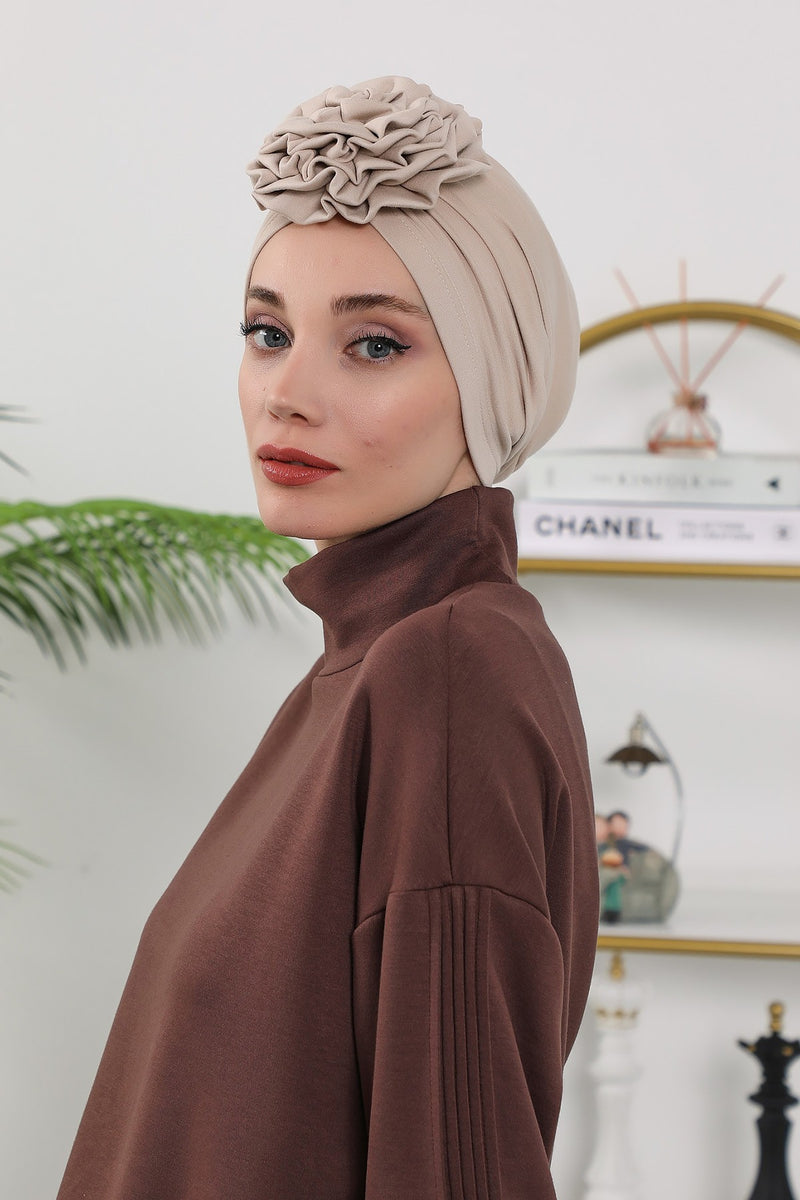 Floral Design Instant Turban Hijab for All Seasons, Ready to Wear Headscarf with Rose Accent, Soft Stretchy Fabric, Comfortable One Size Head Cover for Women,B-21O
