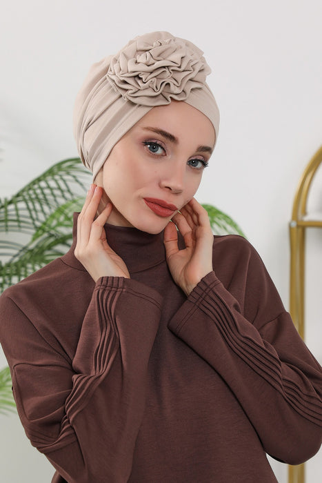 Floral Design Instant Turban Hijab for All Seasons, Ready to Wear Headscarf with Rose Accent, Soft Stretchy Fabric, Comfortable One Size Head Cover for Women,B-21O