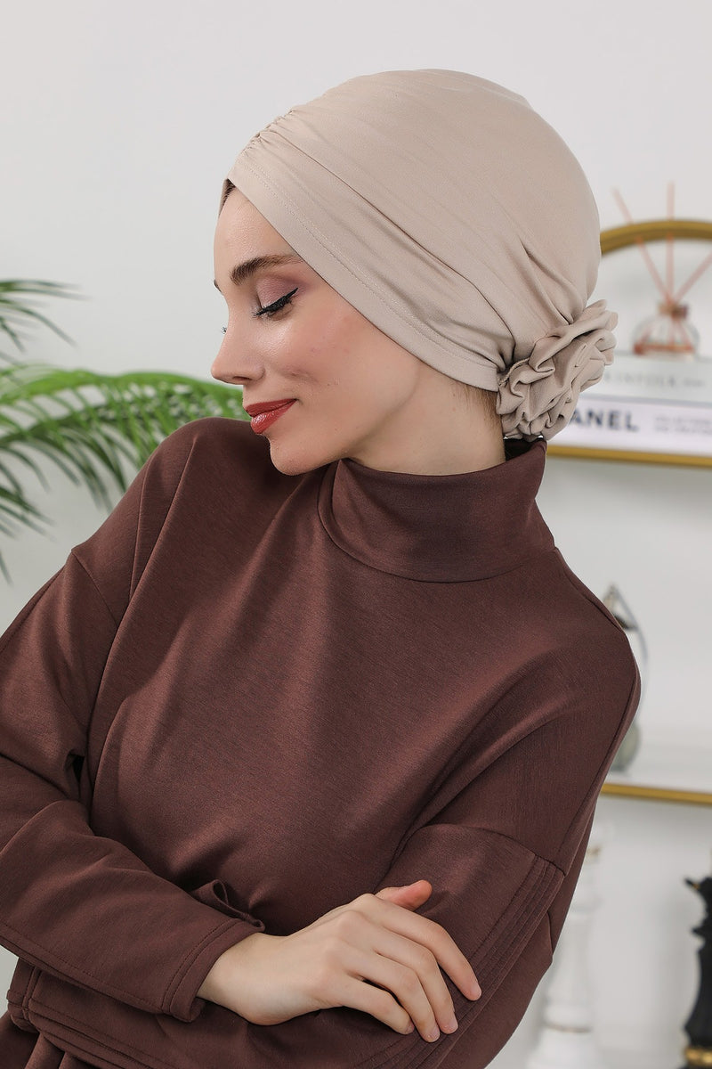 Floral Design Instant Turban Hijab for All Seasons, Ready to Wear Headscarf with Rose Accent, Soft Stretchy Fabric, Comfortable One Size Head Cover for Women,B-21O