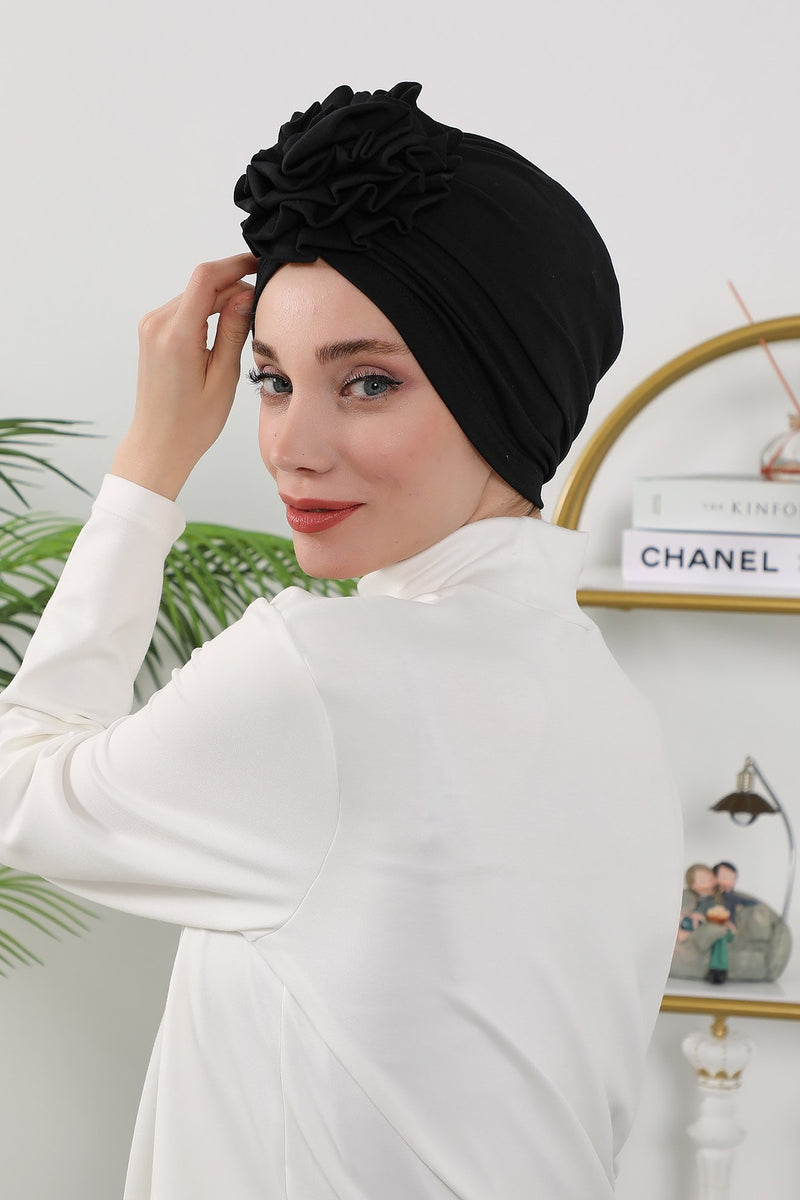 Floral Design Instant Turban Hijab for All Seasons, Ready to Wear Headscarf with Rose Accent, Soft Stretchy Fabric, Comfortable One Size Head Cover for Women,B-21O