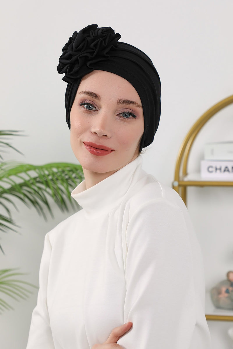 Floral Design Instant Turban Hijab for All Seasons, Ready to Wear Headscarf with Rose Accent, Soft Stretchy Fabric, Comfortable One Size Head Cover for Women,B-21O