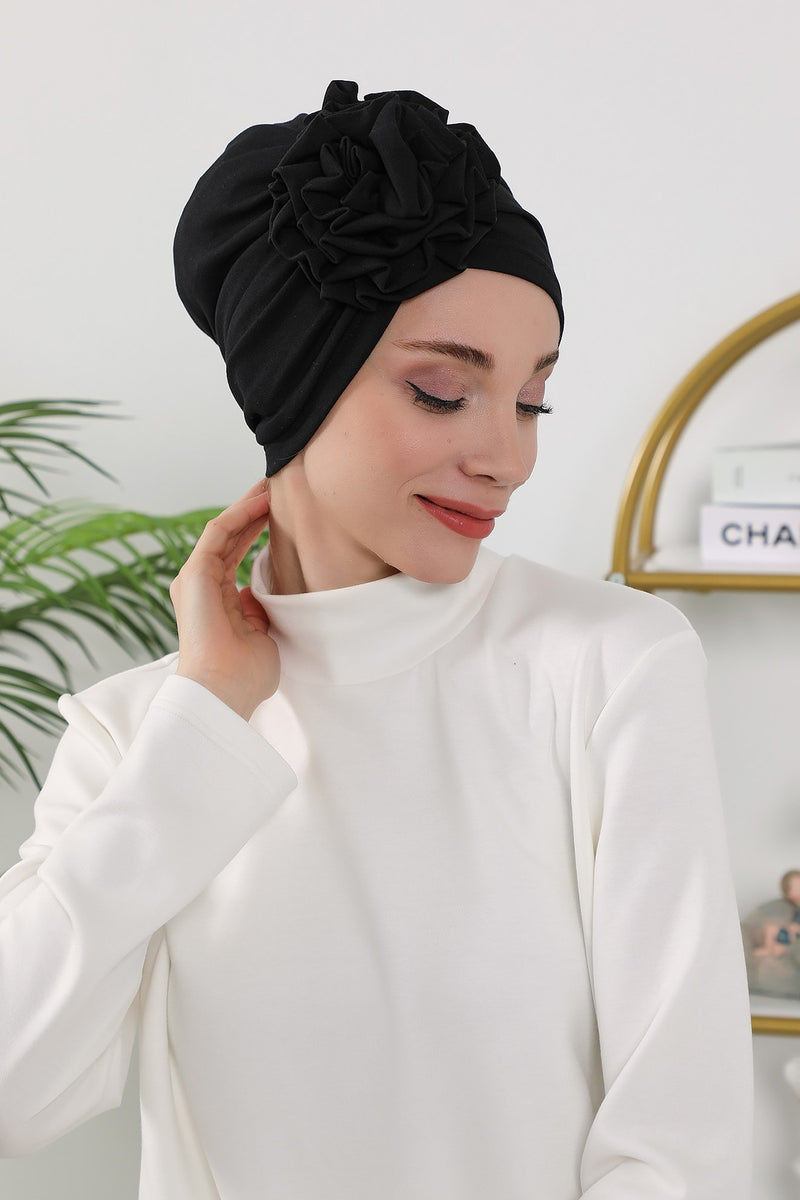 Floral Design Instant Turban Hijab for All Seasons, Ready to Wear Headscarf with Rose Accent, Soft Stretchy Fabric, Comfortable One Size Head Cover for Women,B-21O