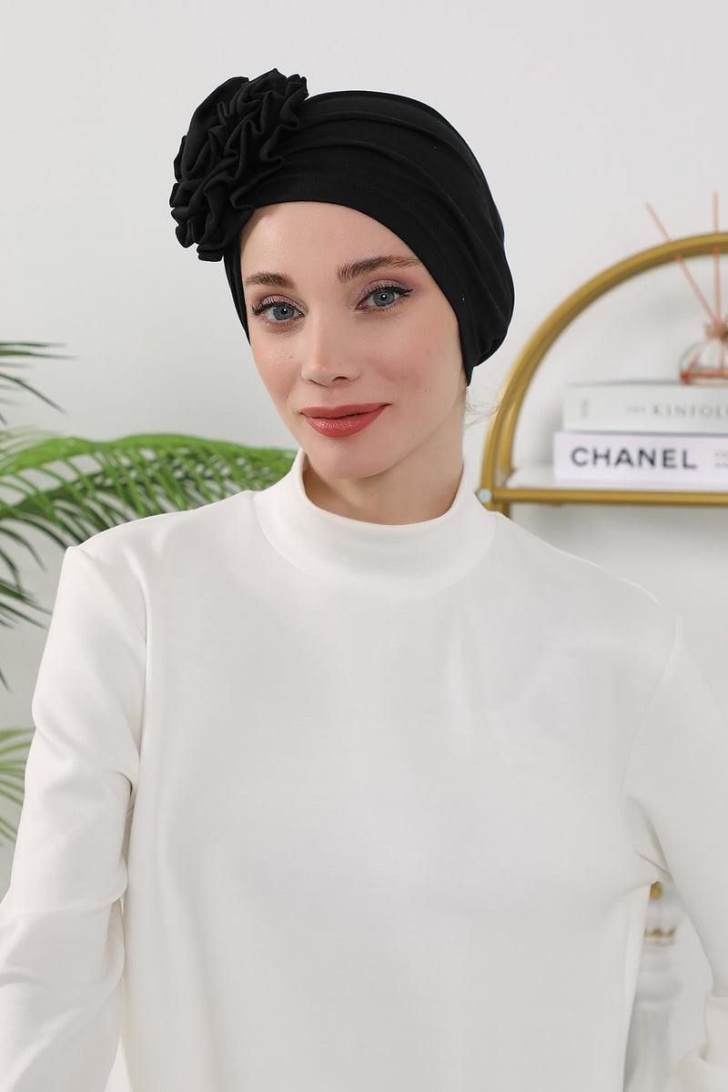 Floral Design Instant Turban Hijab for All Seasons, Ready to Wear Headscarf with Rose Accent, Soft Stretchy Fabric, Comfortable One Size Head Cover for Women,B-21O