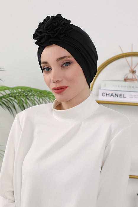 Floral Design Instant Turban Hijab for All Seasons, Ready to Wear Headscarf with Rose Accent, Soft Stretchy Fabric, Comfortable One Size Head Cover for Women,B-21O