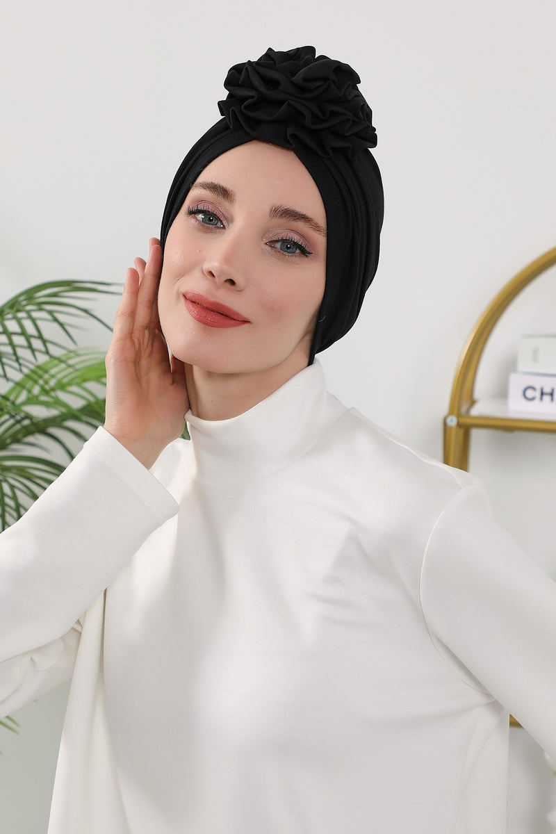 Floral Design Instant Turban Hijab for All Seasons, Ready to Wear Headscarf with Rose Accent, Soft Stretchy Fabric, Comfortable One Size Head Cover for Women,B-21O