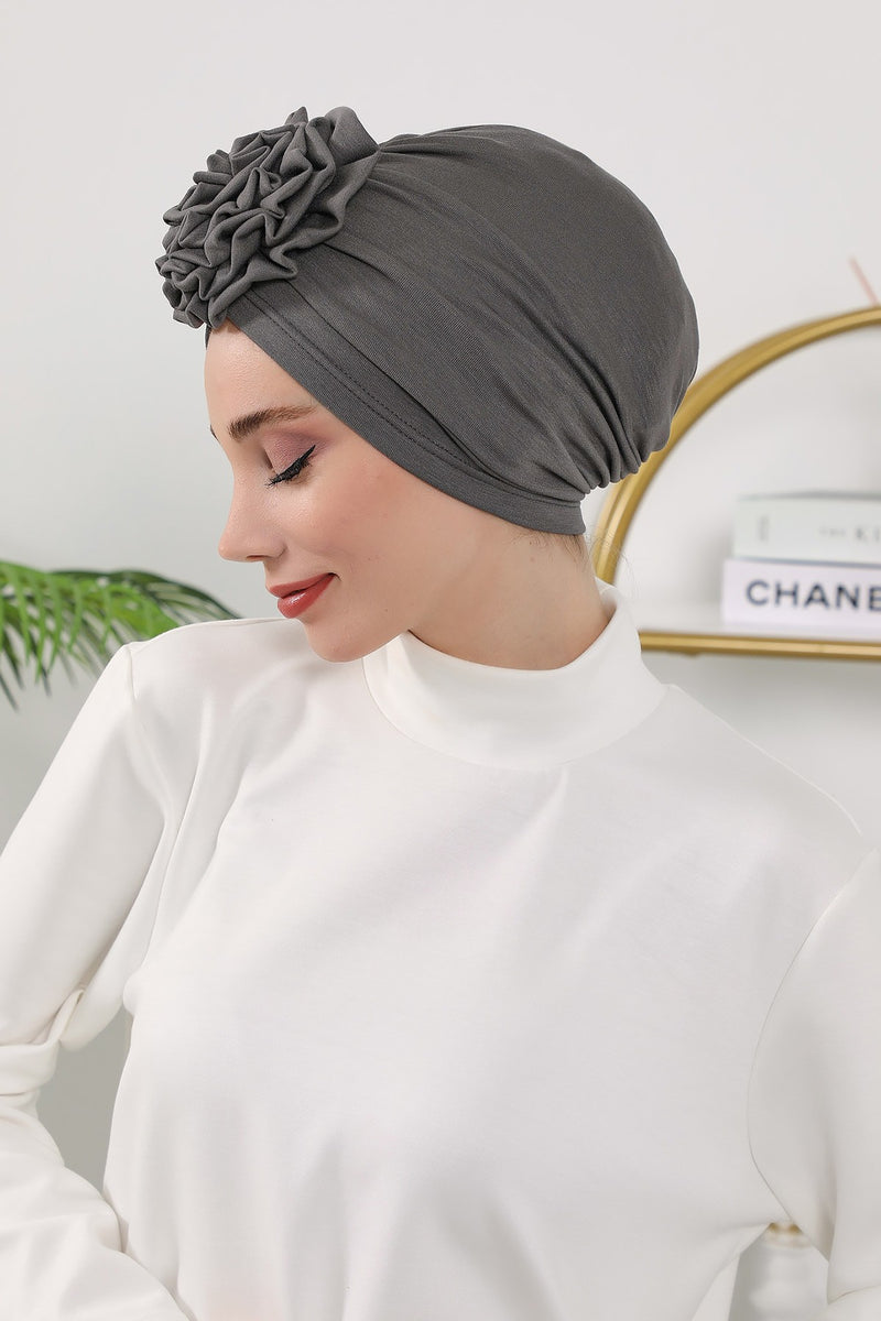 Floral Design Instant Turban Hijab for All Seasons, Ready to Wear Headscarf with Rose Accent, Soft Stretchy Fabric, Comfortable One Size Head Cover for Women,B-21O