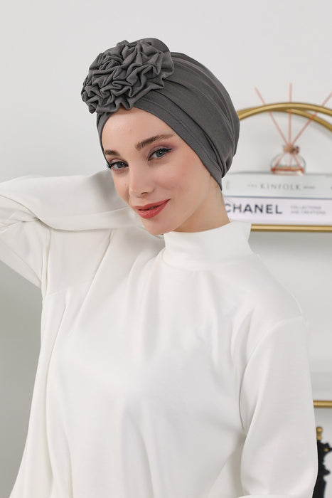 Floral Design Instant Turban Hijab for All Seasons, Ready to Wear Headscarf with Rose Accent, Soft Stretchy Fabric, Comfortable One Size Head Cover for Women,B-21O