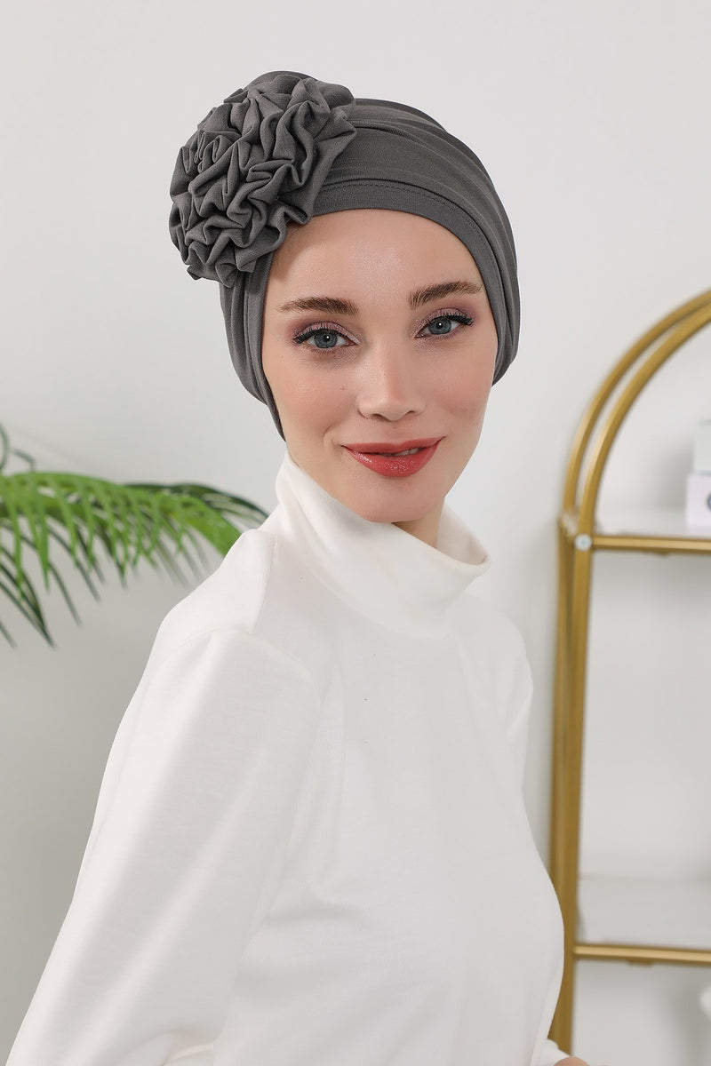Floral Design Instant Turban Hijab for All Seasons, Ready to Wear Headscarf with Rose Accent, Soft Stretchy Fabric, Comfortable One Size Head Cover for Women,B-21O