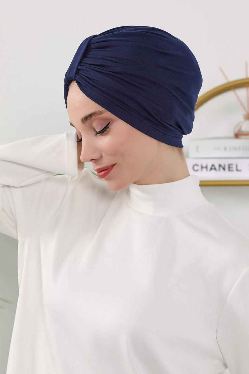 Stretchy All Season Turban Underscarf with Twist Front Design, Ready to Wear Women Bonnet for Daily Modest Wear,B-68O