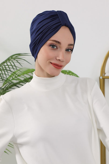 Stretchy All Season Turban Underscarf with Twist Front Design, Ready to Wear Women Bonnet for Daily Modest Wear,B-68O