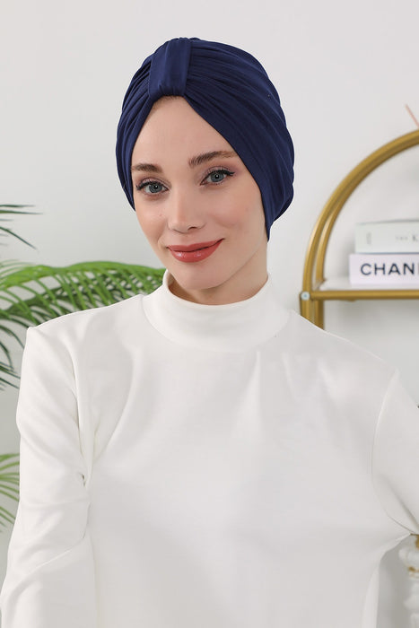 Stretchy All Season Turban Underscarf with Twist Front Design, Ready to Wear Women Bonnet for Daily Modest Wear,B-68O