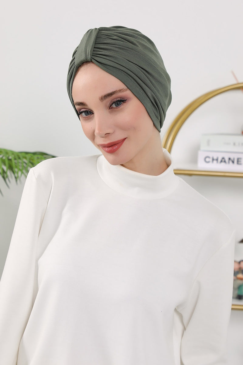 Stretchy All Season Turban Underscarf with Twist Front Design, Ready to Wear Women Bonnet for Daily Modest Wear,B-68O