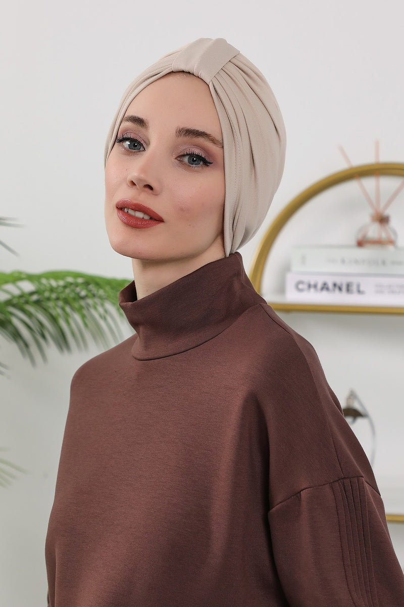 Stretchy All Season Turban Underscarf with Twist Front Design, Ready to Wear Women Bonnet for Daily Modest Wear,B-68O