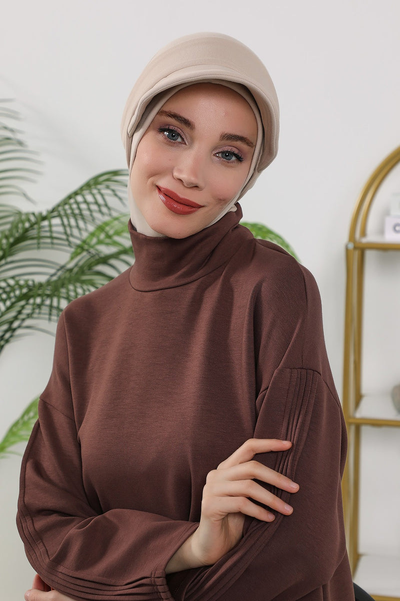 2 in 1 Modest Hijab Bonnet with Removable Visor, Instant Full Coverage Underscarf for Everyday Wear,B-82O