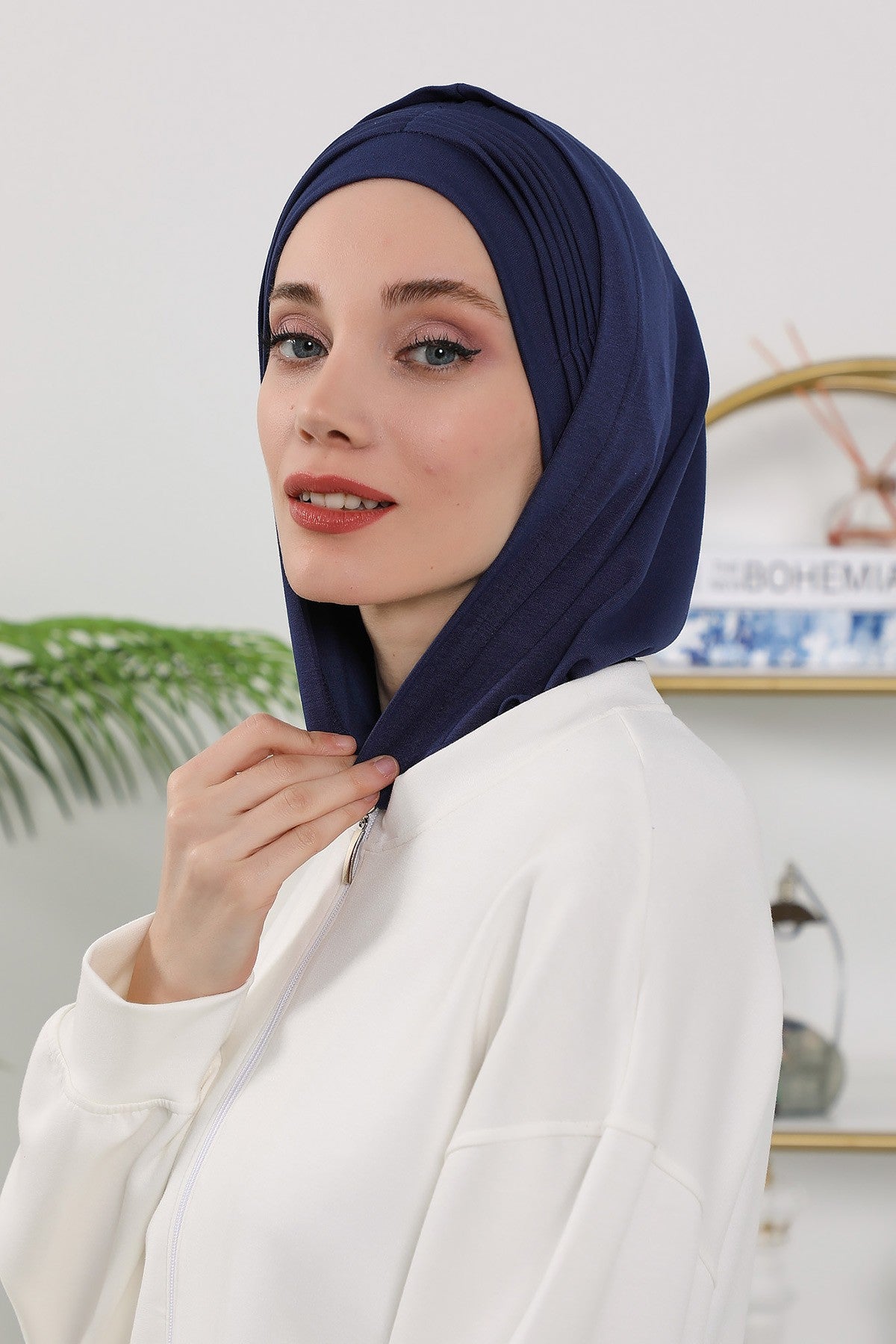 Instant Pleated Hijab Bonnet with Neck Cover, Full Coverage Ready to Wear Underscarf for Modest Women,B-87O Navy Blue