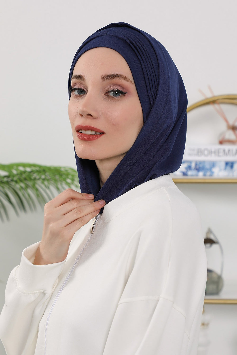 Instant Pleated Hijab Bonnet with Neck Cover, Full Coverage Ready to Wear Underscarf for Modest Women,B-87O Navy Blue