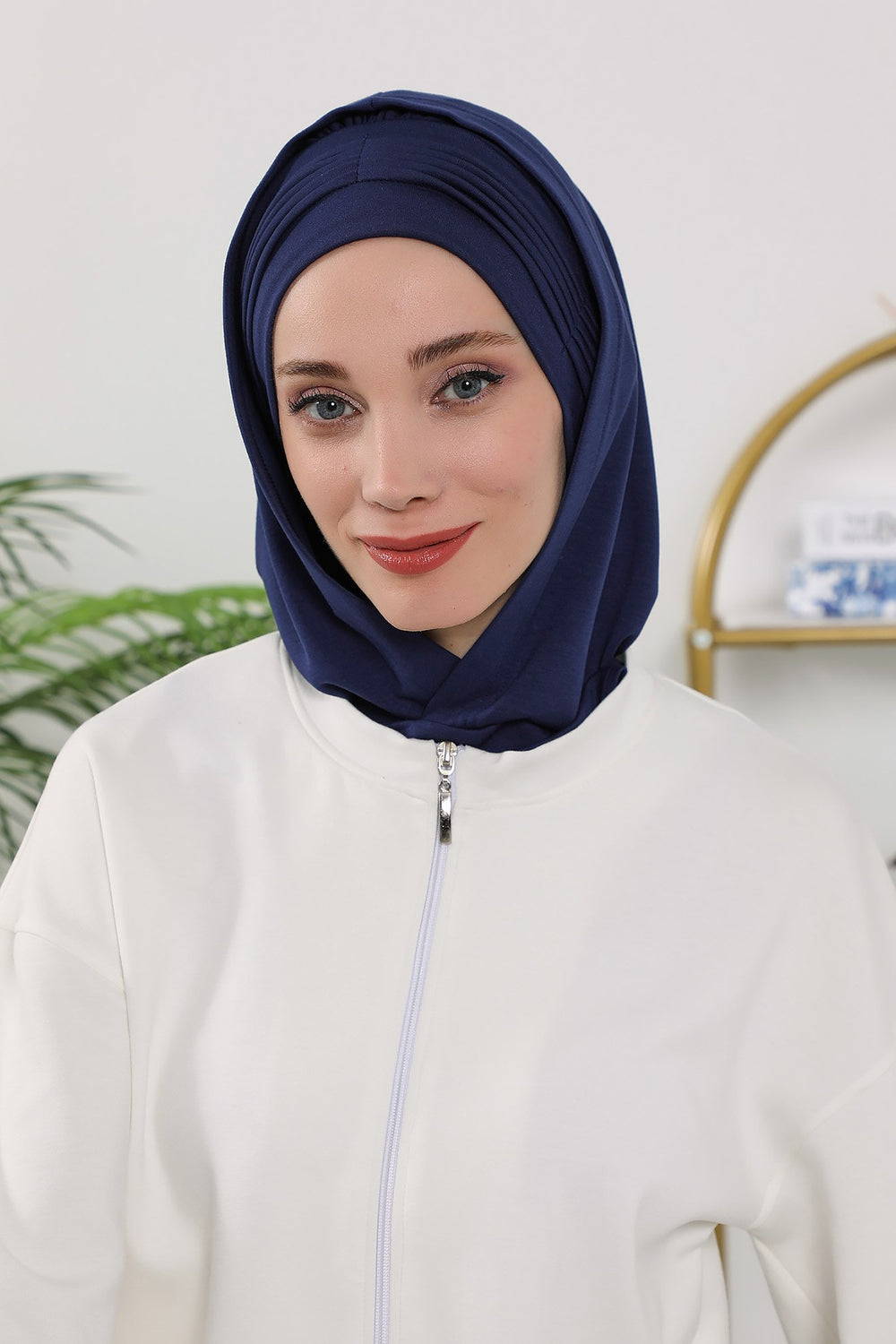 Instant Pleated Hijab Bonnet with Neck Cover, Full Coverage Ready to Wear Underscarf for Modest Women,B-87O Navy Blue