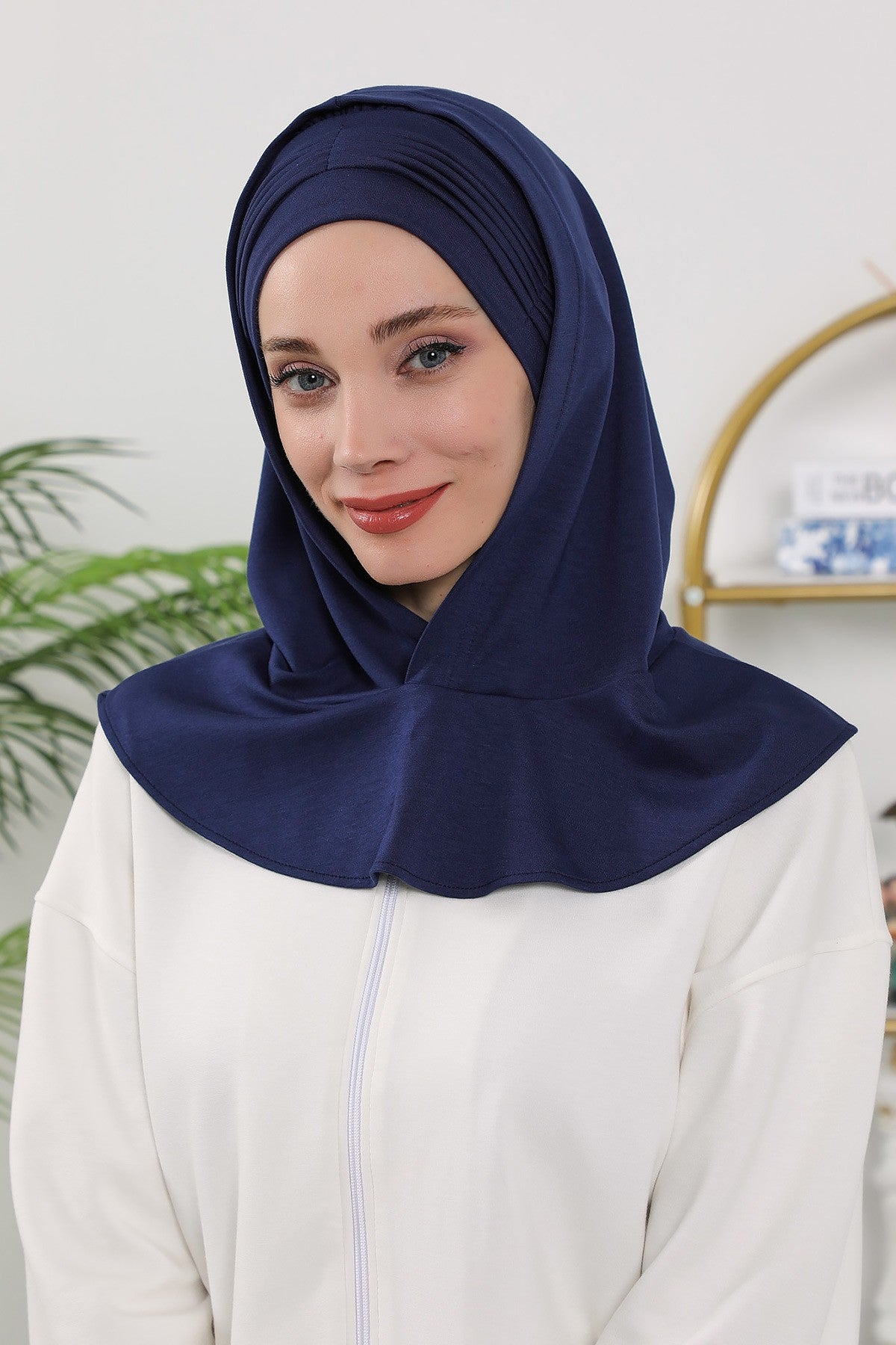 Instant Pleated Hijab Bonnet with Neck Cover, Full Coverage Ready to Wear Underscarf for Modest Women,B-87O Navy Blue