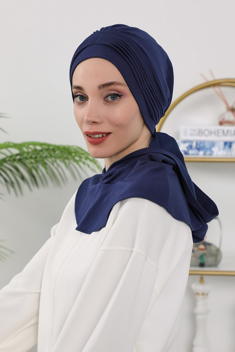 Instant Pleated Hijab Bonnet with Neck Cover, Full Coverage Ready to Wear Underscarf for Modest Women,B-87O Navy Blue
