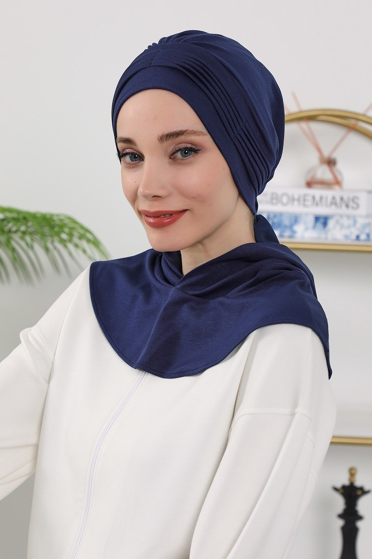 Instant Pleated Hijab Bonnet with Neck Cover, Full Coverage Ready to Wear Underscarf for Modest Women,B-87O Navy Blue