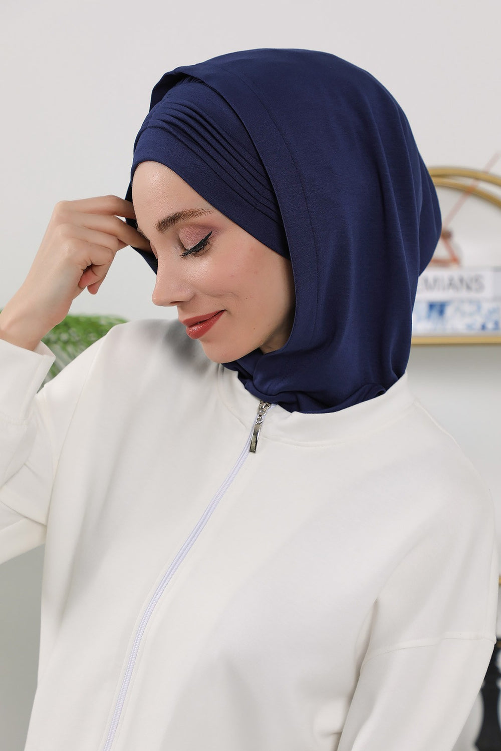 Instant Pleated Hijab Bonnet with Neck Cover, Full Coverage Ready to Wear Underscarf for Modest Women,B-87O Navy Blue