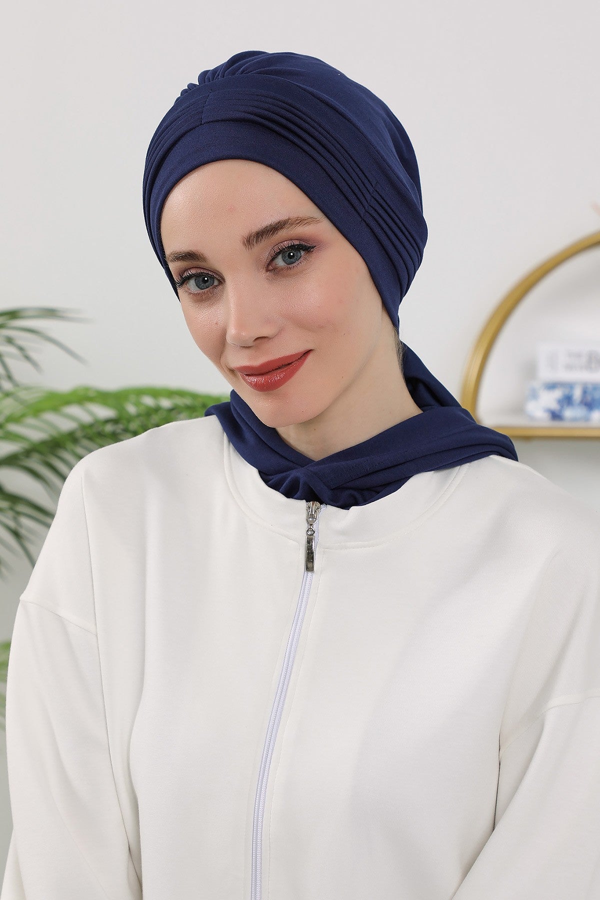 Instant Pleated Hijab Bonnet with Neck Cover, Full Coverage Ready to Wear Underscarf for Modest Women,B-87O Navy Blue