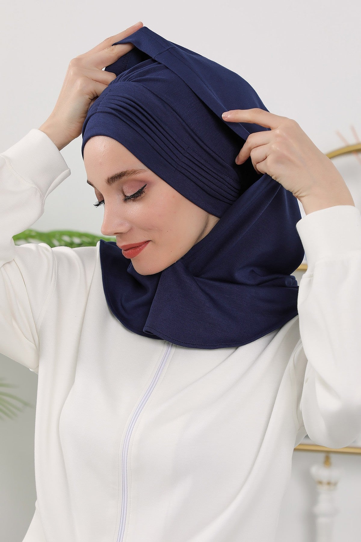 Instant Pleated Hijab Bonnet with Neck Cover, Full Coverage Ready to Wear Underscarf for Modest Women,B-87O Navy Blue