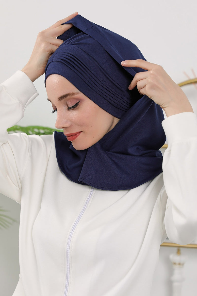 Instant Pleated Hijab Bonnet with Neck Cover, Full Coverage Ready to Wear Underscarf for Modest Women,B-87O