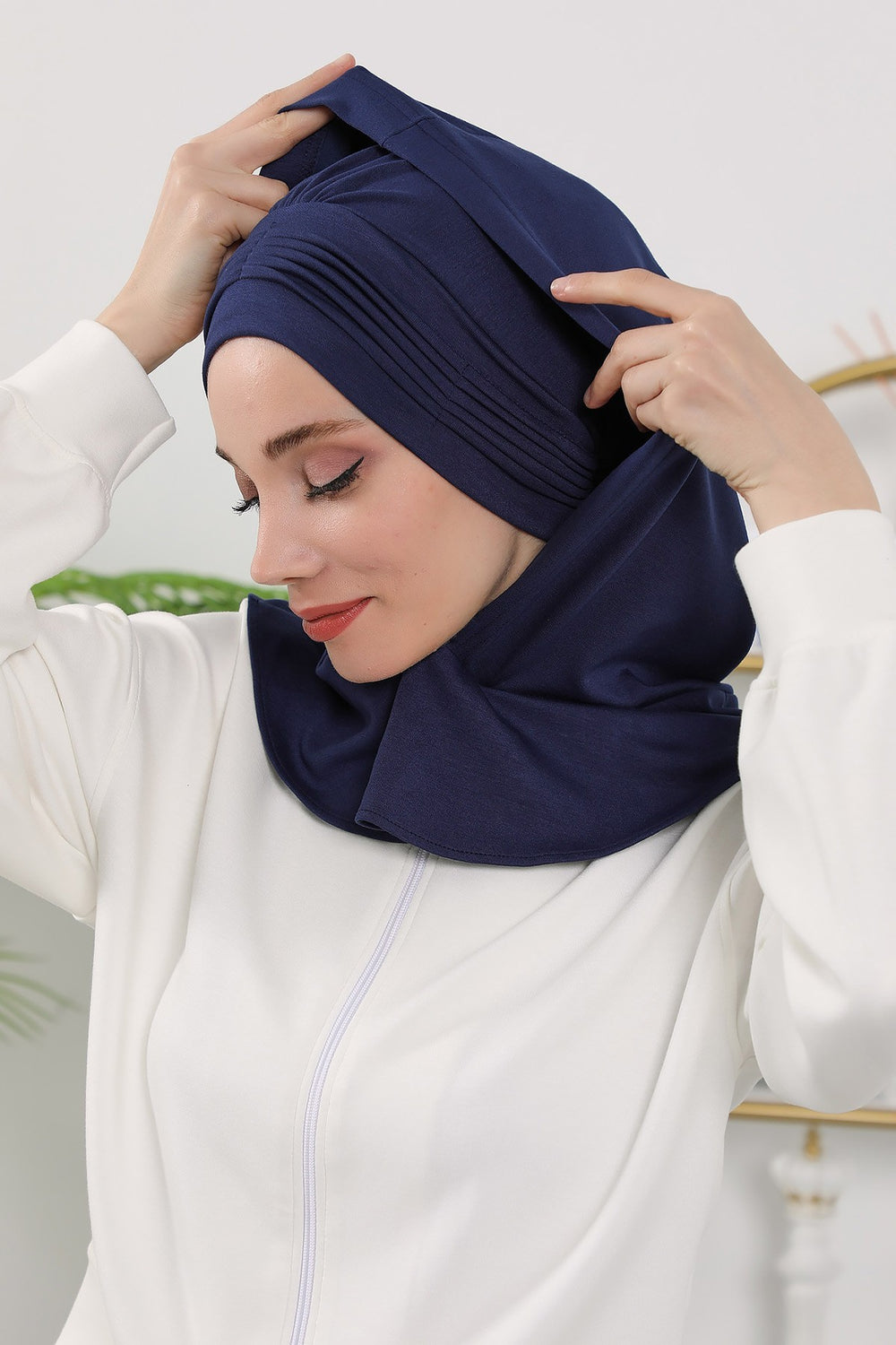 Instant Pleated Hijab Bonnet with Neck Cover, Full Coverage Ready to Wear Underscarf for Modest Women,B-87O Navy Blue