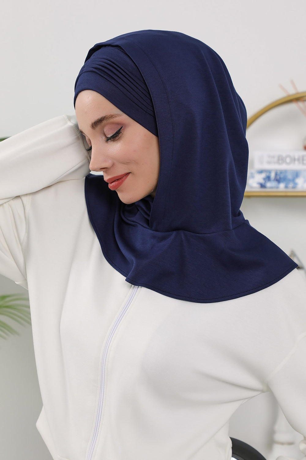 Instant Pleated Hijab Bonnet with Neck Cover, Full Coverage Ready to Wear Underscarf for Modest Women,B-87O Navy Blue
