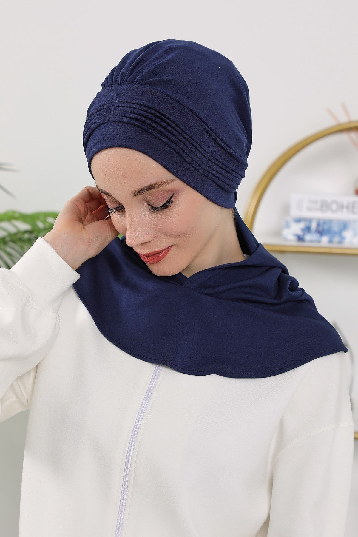 Instant Pleated Hijab Bonnet with Neck Cover, Full Coverage Ready to Wear Underscarf for Modest Women,B-87O Navy Blue