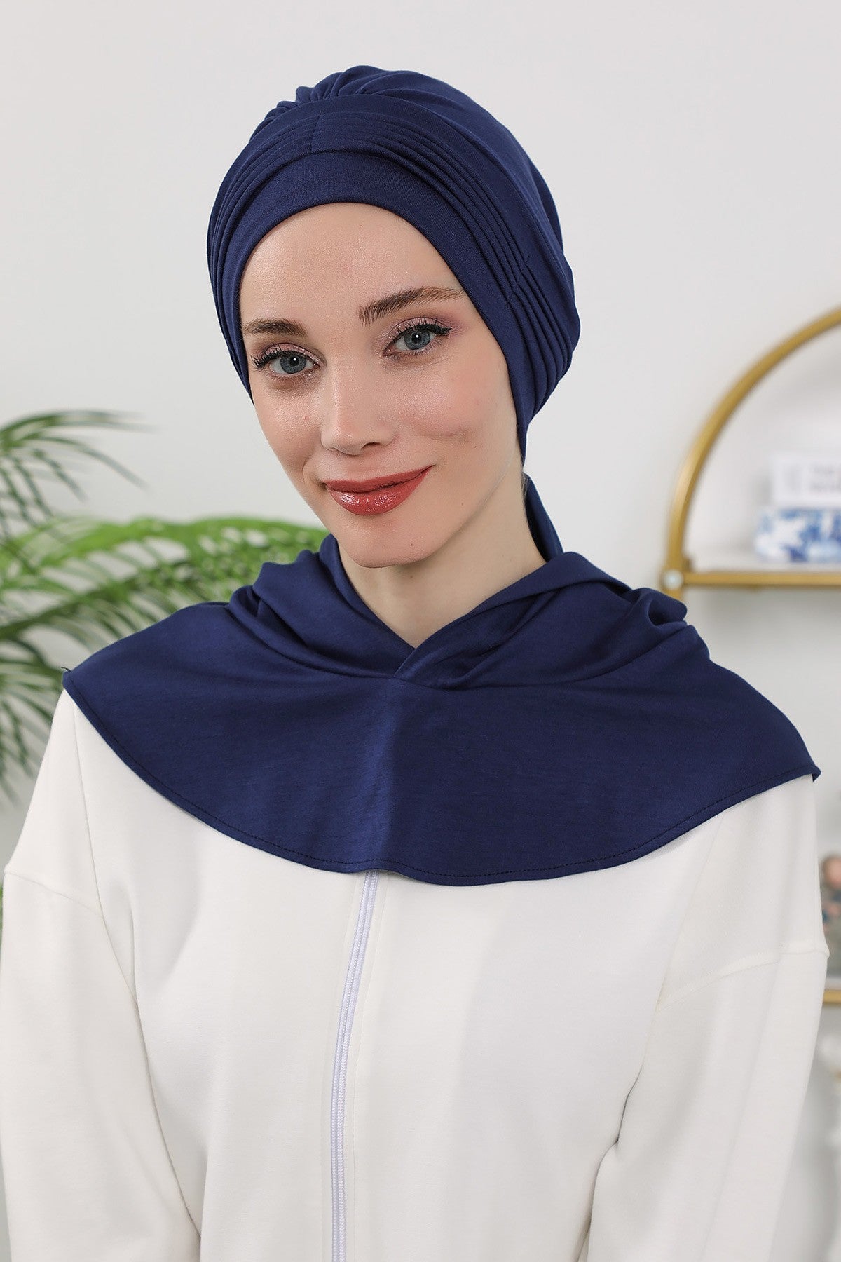 Instant Pleated Hijab Bonnet with Neck Cover, Full Coverage Ready to Wear Underscarf for Modest Women,B-87O Navy Blue
