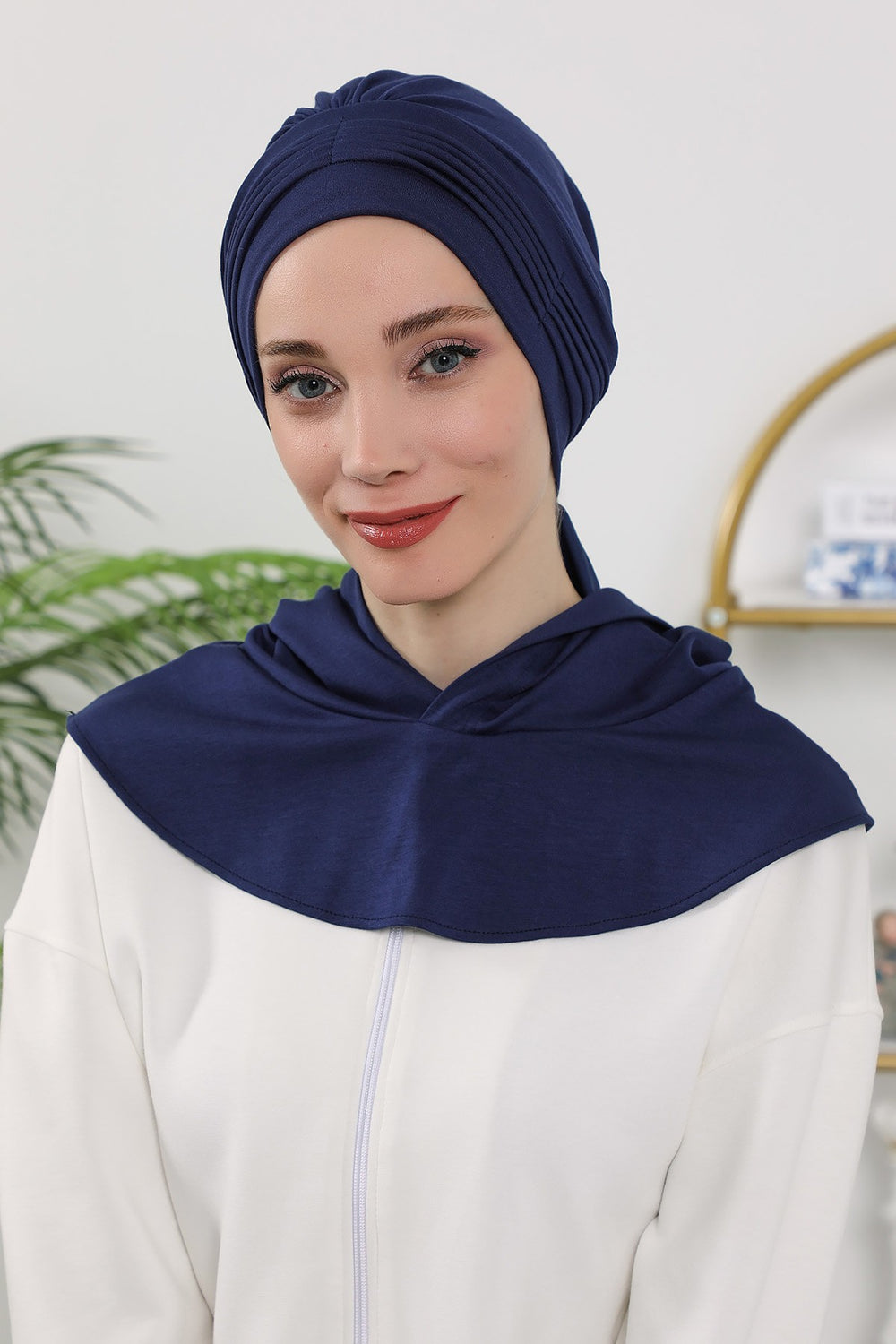 Instant Pleated Hijab Bonnet with Neck Cover, Full Coverage Ready to Wear Underscarf for Modest Women,B-87O Navy Blue