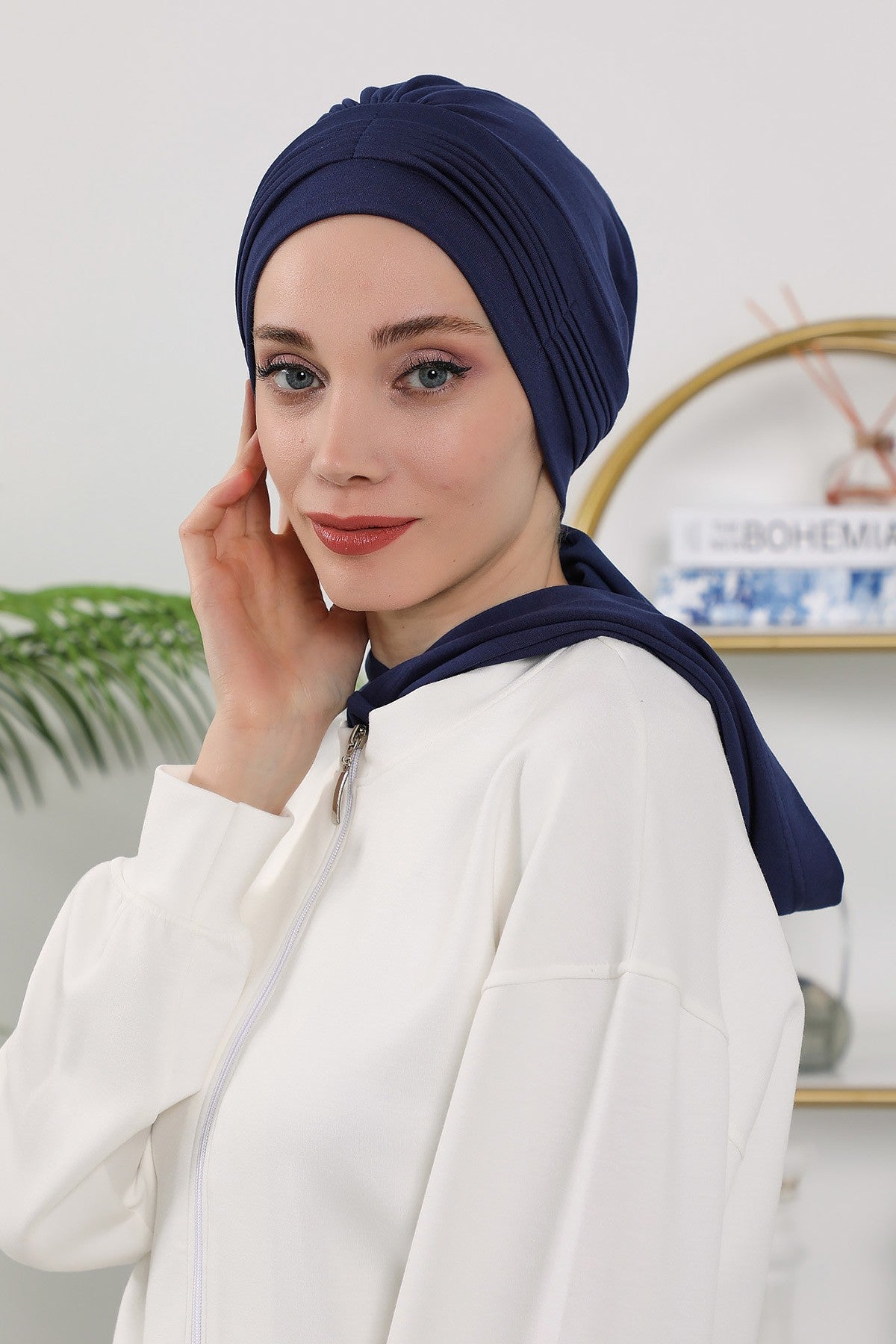 Instant Pleated Hijab Bonnet with Neck Cover, Full Coverage Ready to Wear Underscarf for Modest Women,B-87O Navy Blue