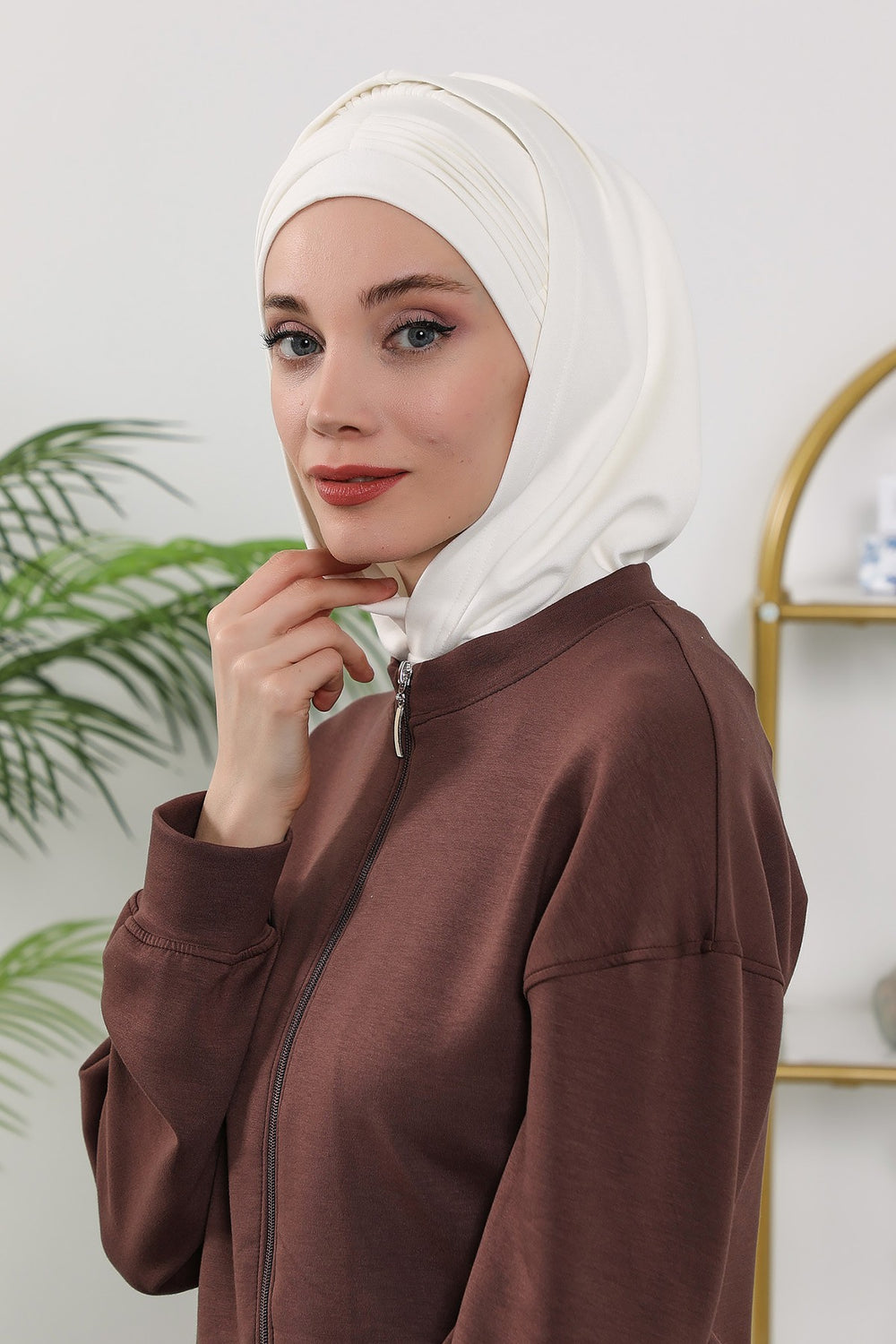 Instant Pleated Hijab Bonnet with Neck Cover, Full Coverage Ready to Wear Underscarf for Modest Women,B-87O Ecru