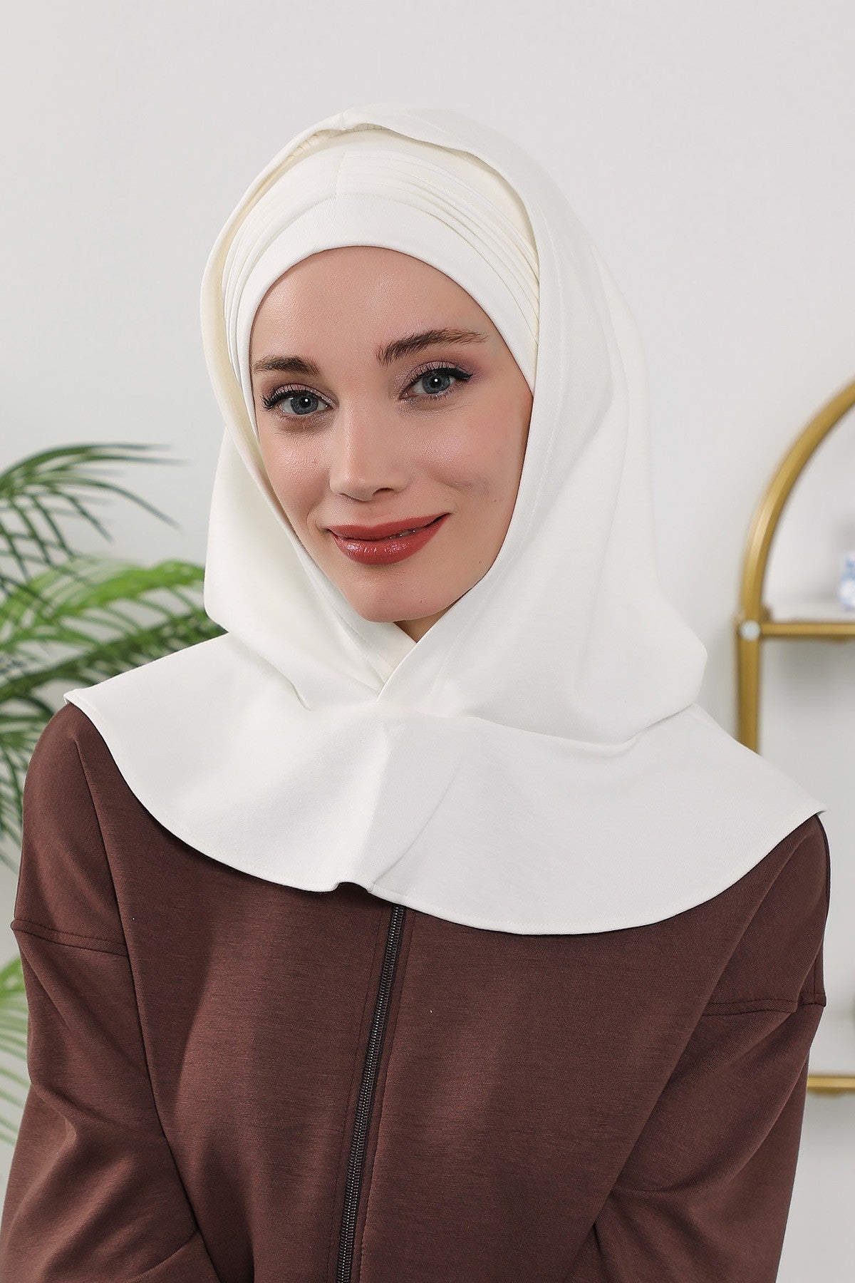 Instant Pleated Hijab Bonnet with Neck Cover, Full Coverage Ready to Wear Underscarf for Modest Women,B-87O Ecru