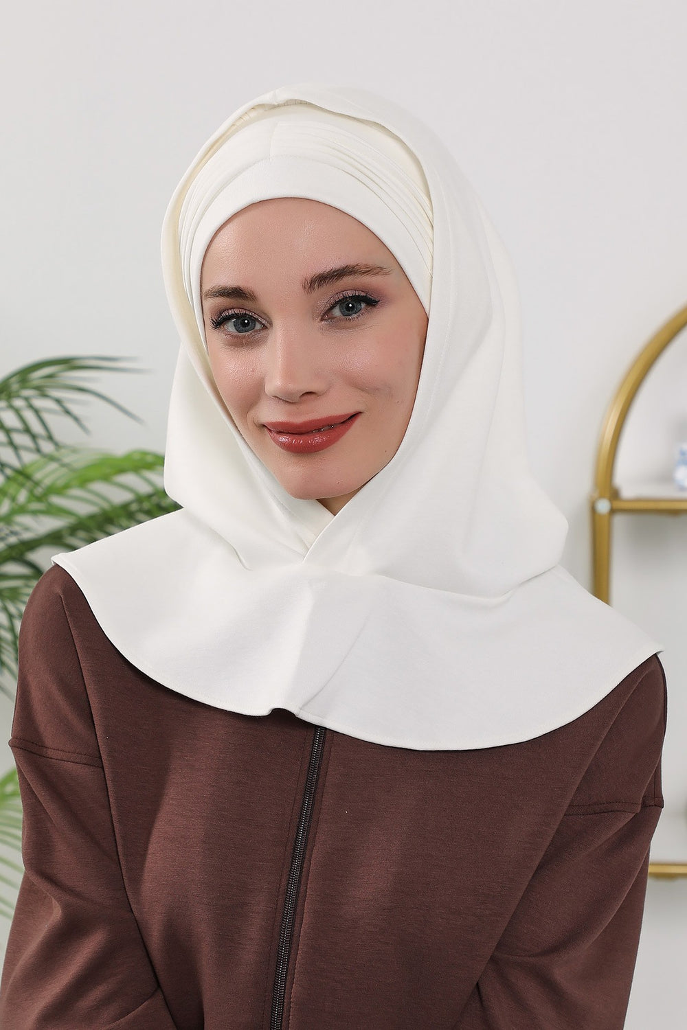 Instant Pleated Hijab Bonnet with Neck Cover, Full Coverage Ready to Wear Underscarf for Modest Women,B-87O Ecru