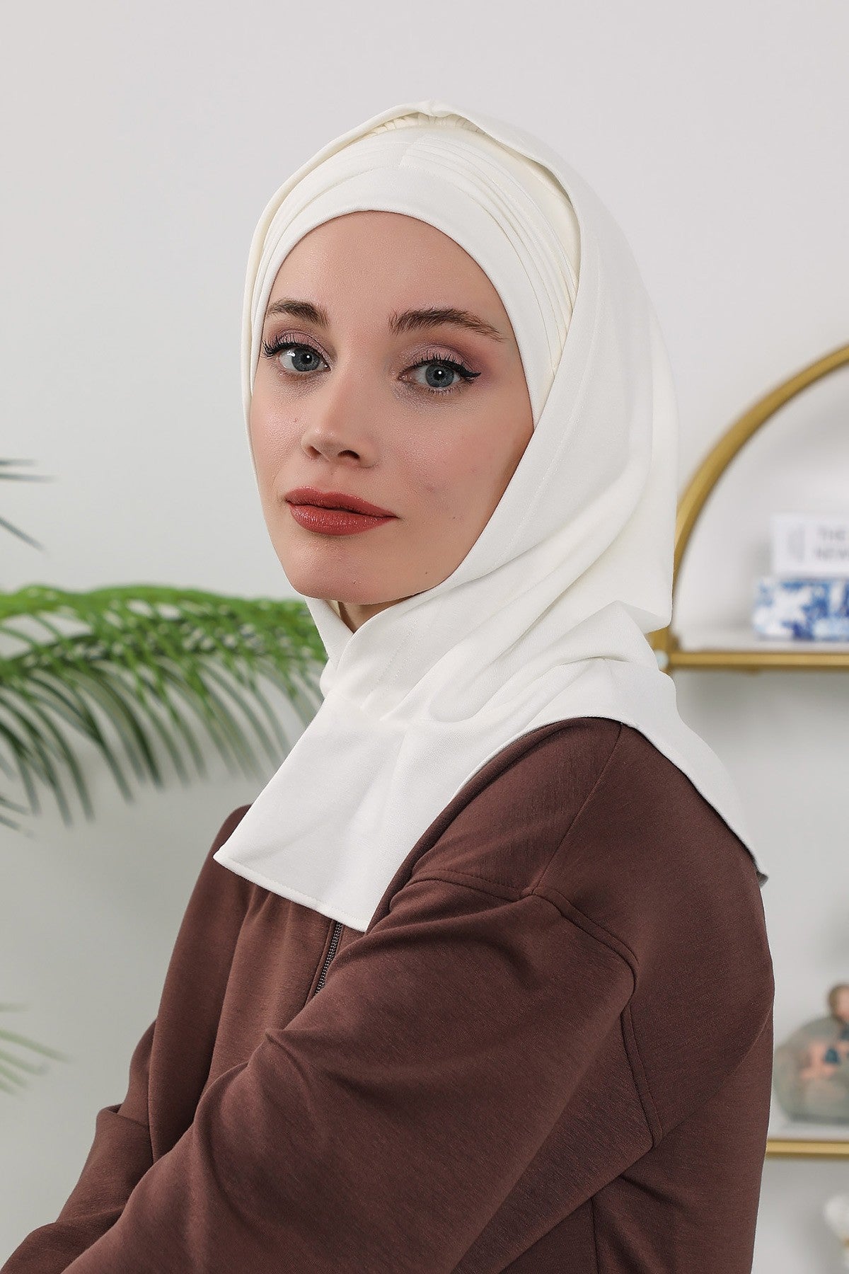 Instant Pleated Hijab Bonnet with Neck Cover, Full Coverage Ready to Wear Underscarf for Modest Women,B-87O Ecru