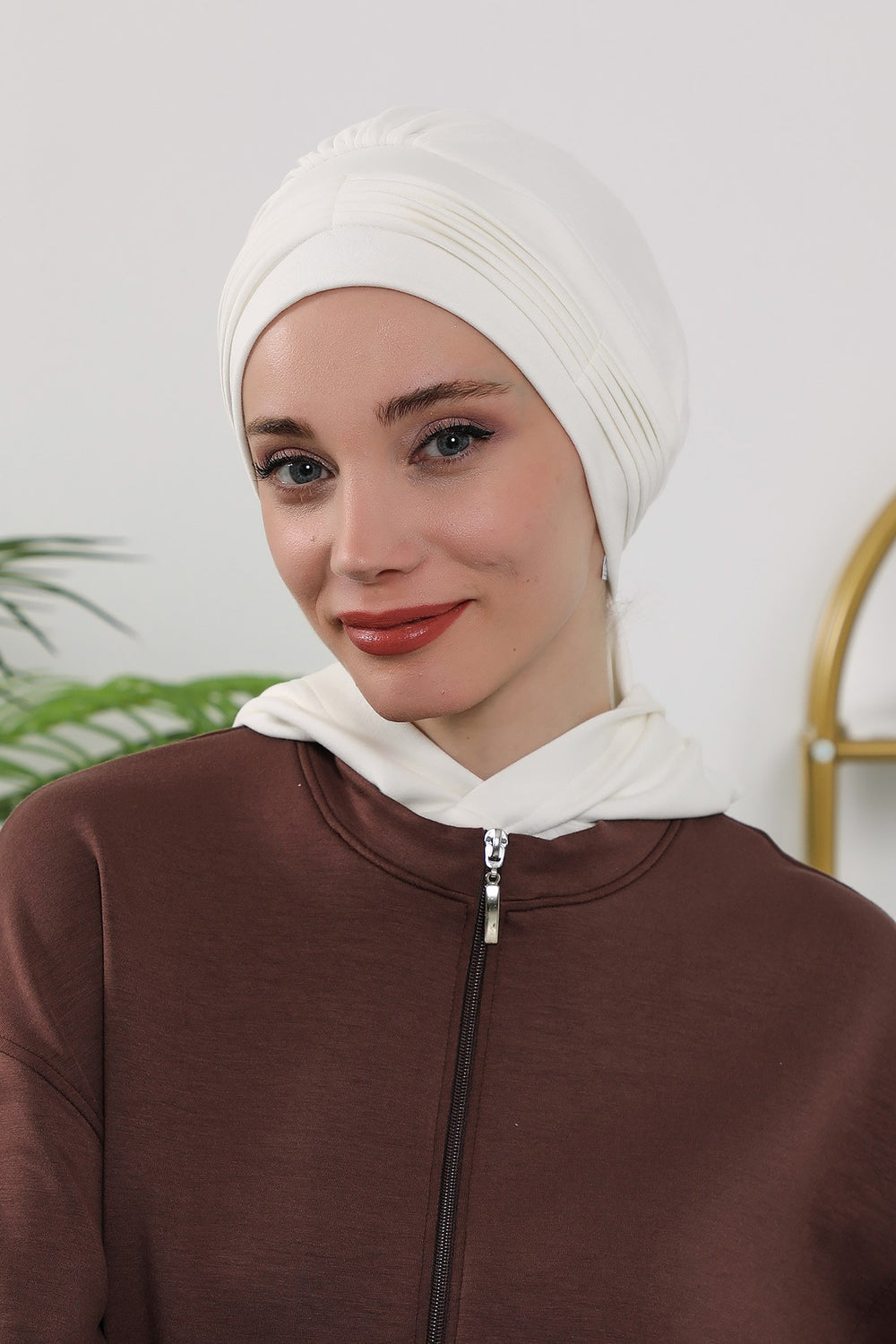 Instant Pleated Hijab Bonnet with Neck Cover, Full Coverage Ready to Wear Underscarf for Modest Women,B-87O Ecru