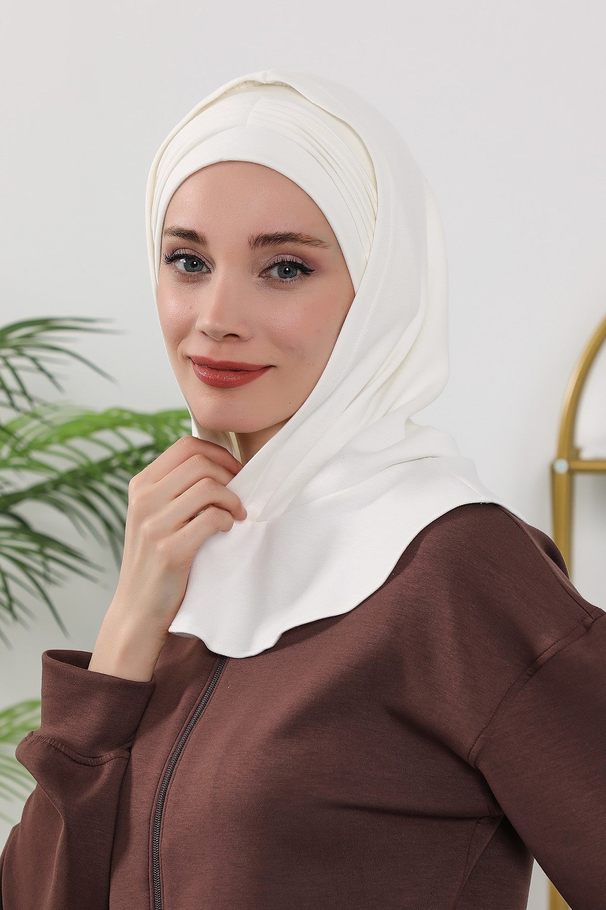 Instant Pleated Hijab Bonnet with Neck Cover, Full Coverage Ready to Wear Underscarf for Modest Women,B-87O Ecru